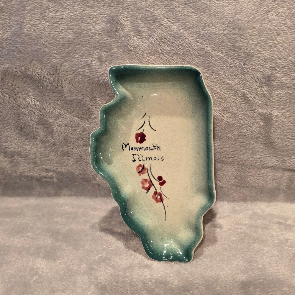Vintage Monmouth Illinois State Shape Ceramic Trinket Dish Hand Painted 4 5/8"